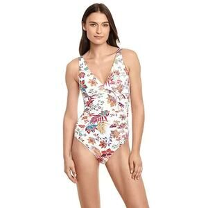 LRL Ralph Lauren Womens White Floral Jacobean One Piece Slimming Swimsuit 14/XXL